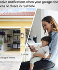WiFi Garage Door Opener Remote With Alexa Google Assistant And Siri Open And Close From Anywhere On The Go On iPhone Or Android 2.4GHz WiFi Only No Hub Needed Easy Setup And Remote Access notification feature with woman receiving alert on smartphone
