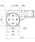 Technical diagram of motorized rotation stage with indexing disc and lens rotary table, showing dimensions and features