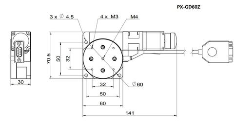 Technical diagram of motorized rotation stage with indexing disc and lens rotary table, showing dimensions and features