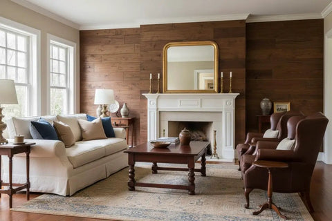 Cozy living room featuring furniture stained with Top Shelf Rustic Walnut Brown Oxidizing Wood Stain for aging and weathering.