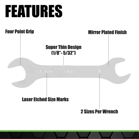Ultra Thin Open End Wrench Set, 7 Piece Wrenches With 1/8 Inch Thickness, features labeled on wrench