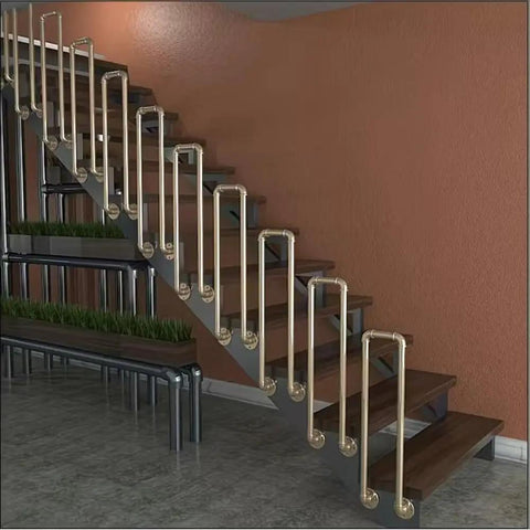 Tough As Nails Industrial Pipe Railing Featuring Slick Non Slip Iron Guardrail on indoor staircase with wooden steps.