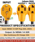 NEMA 14-30P To 2X 14-30R Dryer Splitter Y Adapter Cord For Modern Four Prong Outlets With Level 2 EV Charger Hookup, showing plug specifications.