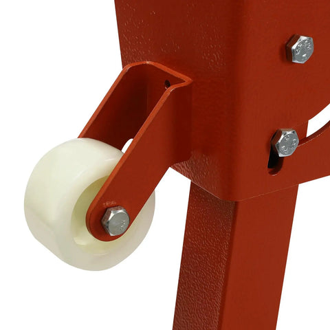Close-up of smooth roll away caster on heavy duty welding table with 46 by 18 inch foldable cart and 1000 lb load capacity.