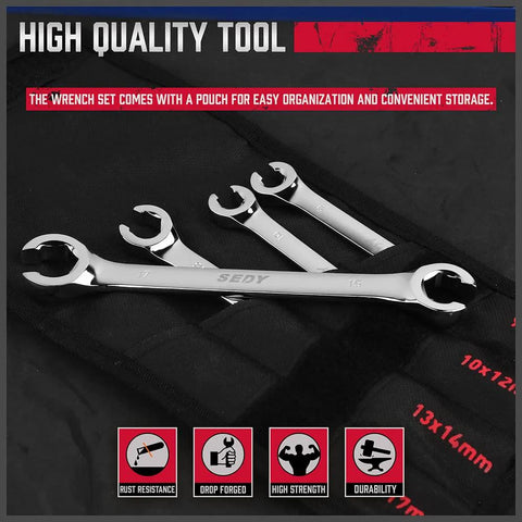 Four Piece Flare Nut Wrench Set With Offset Ends Metric Two Sizes Per Wrench, shown with pouch and rust resistance features.