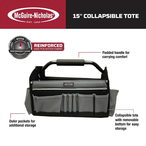 15 Inch Collapsible Tool Tote Bag With 14 Exterior Pockets, Foam Padded Handle, Interior Webbed Loops, And Tubular Steel Frame in grey and black displayed with detailed features.