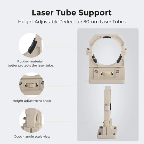 Must Have Adjustable CO2 Laser Tube Mount Holder For 80mm Tubes With Micro Height Adjustment And 45 Degree Reflector Alignment Includes 2 Mounts Pre Drilled Holes And Screws Compatible With Laser Engraving And Cutting Machines showing rubber material and adjustment knob