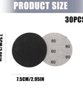 Solid 30 Pack Of Carbon Silicone Sanding Discs For Wet Or Dry Auto Metal Wood Polishing showing 75mm diameter black and grey disc.