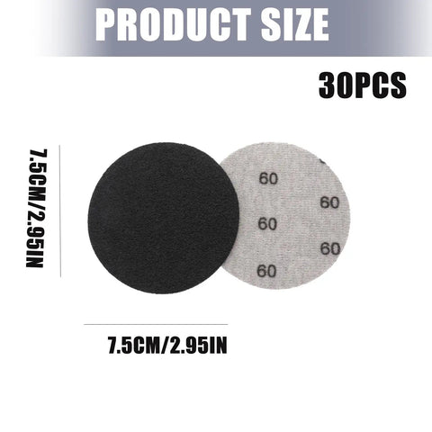 Solid 30 Pack Of Carbon Silicone Sanding Discs For Wet Or Dry Auto Metal Wood Polishing showing 75mm diameter black and grey disc.