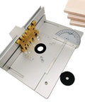 Shop Grade Aluminum Router Table Insert Plate With Snap Fit Mounting Holes And Dead Center Alignment Rulers For Knockout Woodworking Carving And Router Trimming Jobs Silver Set viewed from above with ruler guides and circular cutout.
