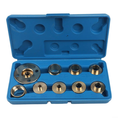 Top Shelf Ten Piece Brass Router Guide Bushing Set With Slick Acrylic Base Plate And Bullseye Centering Pin Metric 10mm To 30mm in blue case.