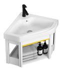 Bathroom Corner Basin Sinks, Wall Mount Vessel Sink,White Vessel Sink,Combo For Small Space Wall Mounted Cabinet Set Design White Resin Basin Sink Top Chrome Faucet And Drain. (48x48x40cm) with black faucet and towels.