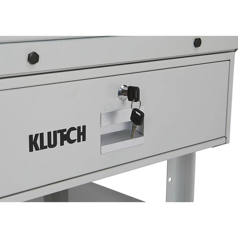 Close-up of lockable storage drawer on Beefy Heavy Duty Tear Down Table Workbench with Drain, Steel Work Surface and Built In Containment Basin