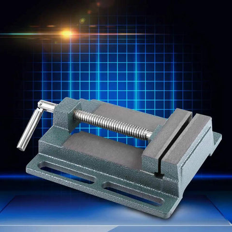 Dang Tough Industrial Drill Press Vice Featuring Thickened Six Inch Steel Jaw Opening And Heavy Cast Iron Bench Clamp Rig on blue background.