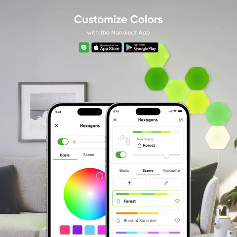 Shapes Triangles And Mini Triangles Smart RGBW LED Wall Lights Kit With WiFi And Thread Dimmable Ambience app interface