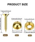 Top Shelf Vintage Style Brass Screws With Flush Caps, Self Tapping Decorative Fasteners For Antique Cabinets And Wooden Boxes, Straight Up 15mm Gold Finished Hardware Pack Of 16 product size chart showing dimensions of screws and caps.
