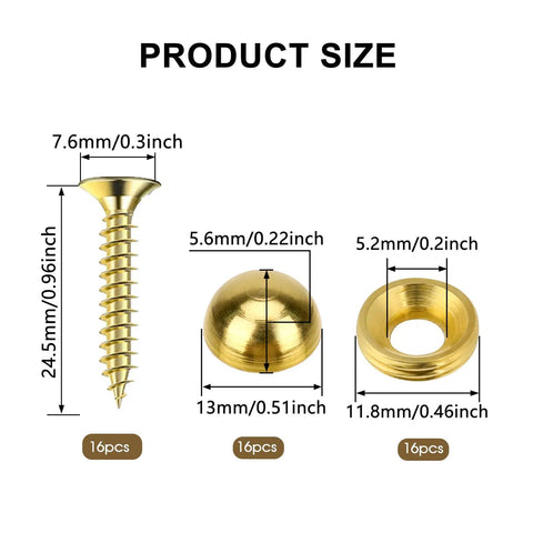 Top Shelf Vintage Style Brass Screws With Flush Caps, Self Tapping Decorative Fasteners For Antique Cabinets And Wooden Boxes, Straight Up 15mm Gold Finished Hardware Pack Of 16 product size chart showing dimensions of screws and caps.