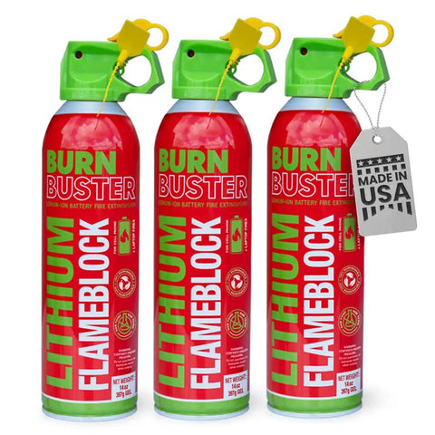 Front view of Lithium-Ion Battery Fire Extinguishing Gel 3-Pack For Electronics, Fast Fire Suppression That Stops Thermal Runaway, Non-Toxic And Eco-Friendly, 14oz Canister, Made In USA, Ultimate Safety Kit For Gadgets with bright green caps and USA tag.
