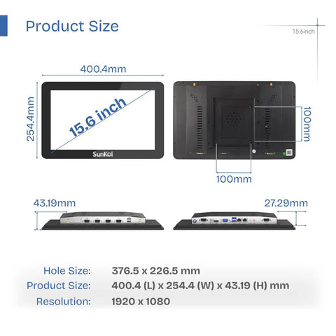 Dimensions of 15.6 Inch Rugged Industrial Panel PC with 10 Point Capacitive Touch 1920x1080, Windows 11 Automation PC