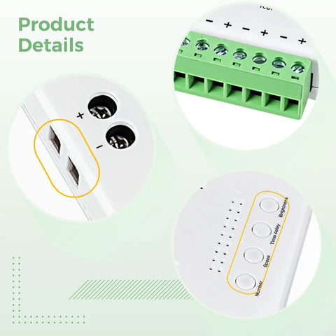 Stairway LED Motion Sensor Controller With 16 Channels Auto Step Lighting Adjustable Brightness And Speed Safe DC 12V 24V Input Easy Install Built For Smooth Hands Off Stair Illumination For Hallways And Staircases. product details and control terminals