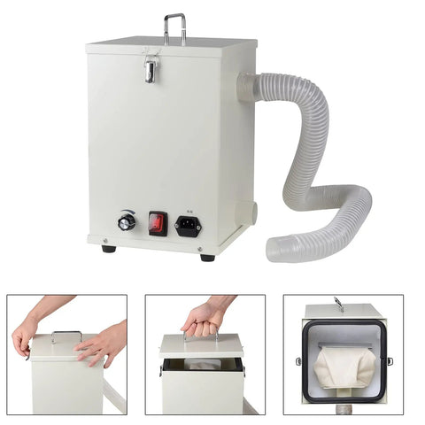 Heavy Duty 1000W Lab Dust Collector With A Badass Dual Impeller Design And Variable Suction Controls For Dental Labs And Workshops Yanking Metal Parts And Wood Chips Clean, showing unit with control panel and hose.