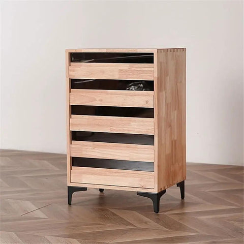 Vintage Industrial Five Drawer Filing Cabinet with natural wood mortise and tenon sides on a wooden floor