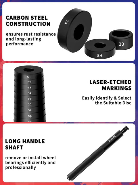 Carbon steel discs with sizes, laser-etched markings, and handle shaft from 52-In-1 Custom Bushing Driver Set 18mm To 65mm Bearing Race And Seal Installer Kit For Transmission Wheel And Axle Bearings Press And Hammer-Ready Bushing Press Tool.