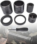 Leaf Spring Pin And Bushing Adapter Service Kit 9 Piece Removal Tool Set For Heavy Duty Trucks And Equipment Includes Spacer Tube Cylinder Adapter Push Pull Adapters Tube Caps Adapter Pins And Socket, black metal parts