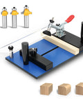 Rail Guide Coping Sled For Router Table With Three Pack Roundover Bits Pro Grade Delivers Precise Clean Joints For Cabinet Doors And Drawer Fronts Coping Jig For Router Five Inches Wide And One And A Quarter Inches Tall displayed on white background with aluminum sled and adjustable fences.