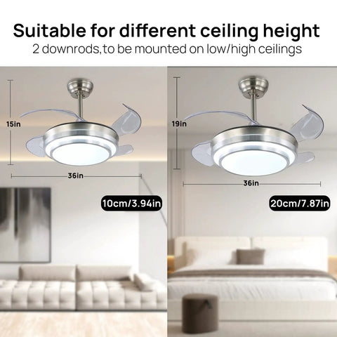 36 Inch Retractable Ceiling Fan With Lights And Remote Control, 6 Speed Reversible Quiet DC Motor, Modern Farmhouse Nickel Finish in room