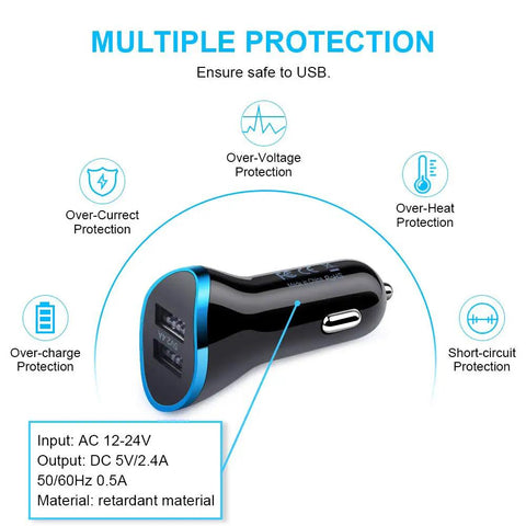 Heavy Duty Usb C Car Charger With Fast Charging Cable Set showing multiple protection features and safety details for reliable use.