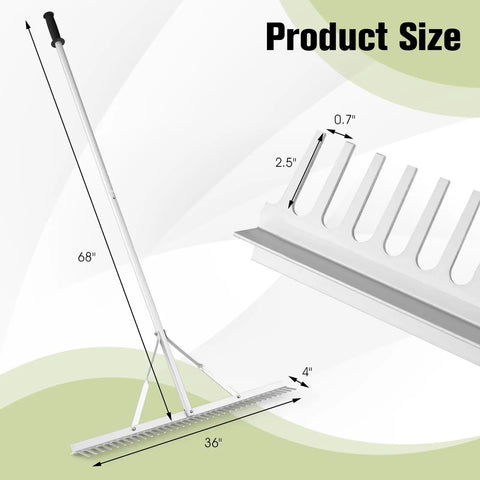36 Inch Aluminum Landscape Rake With 36 Tines And 68 Inch Non Slip Handle For Easy Soil Loosening And Leveling Backyard Yard Rake Tool For Leaves Lawn Care Garden Cleanup And Beach Maintenance showing full size dimensions.
