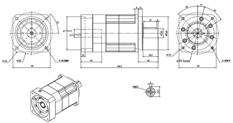 Technical drawing of Hella Precise Helical Gear Planetary Reducer Gearbox delivering razor sharp 7 arcmin accuracy with dimensions shown.
