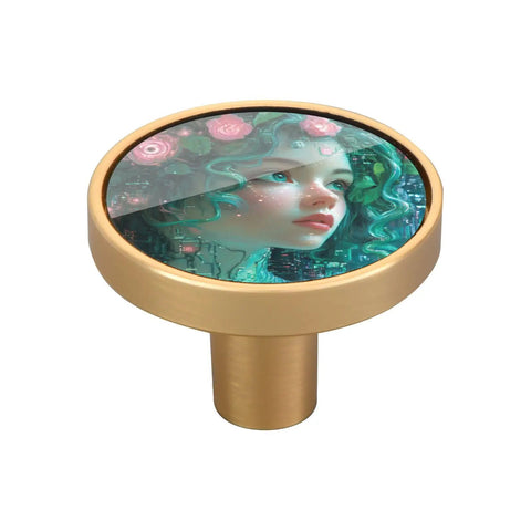 Gold round knob with artistic Mucha-style design