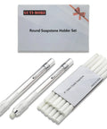 Heavy Duty Professional Grade Round Soapstone Pencils With Secure Grip Holder And Full Refill Pack For Welding Metal Shop Fabrication Textile Marking Built Tough No Sweat Layout Chalk Tools in packaging with white refills.
