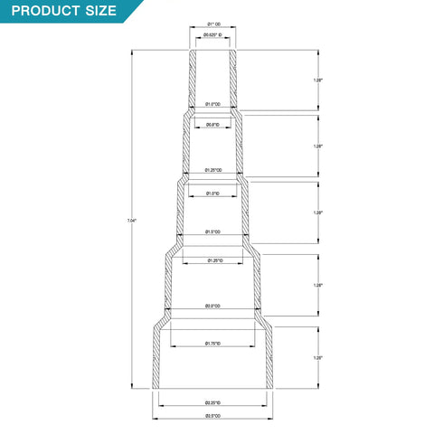 Diagram showing dimensions of Versatile 2.5 Inch Vacuum Hose Adapter Set With Multi Size Step Design Moisture Proof TPU 5 Piece Kit.
