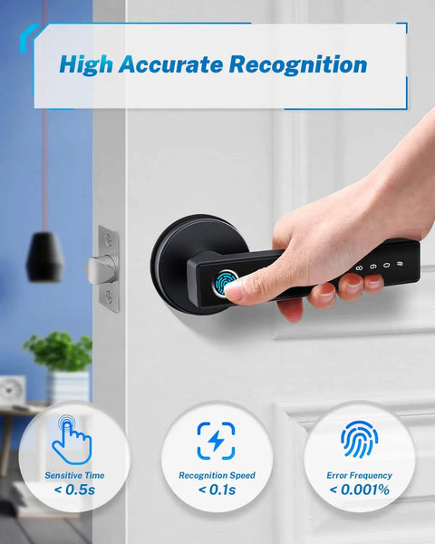 Keyless Entry Door Lock With Fingerprint, Keypad, And Handle, 5 In 1 Biometric Smart Lock For Front Door, Digital Door Lock With Card, App, And Key, Quick 0.3 Second Unlock, Great For Modern Home Security