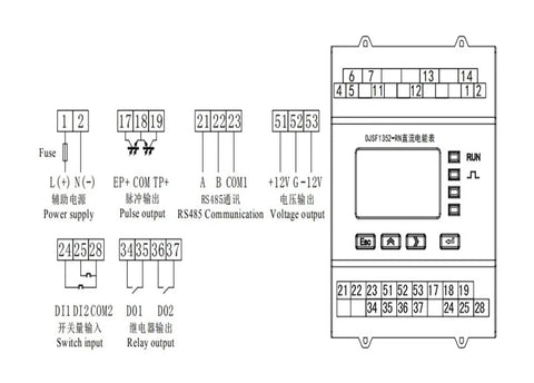 Garage Ready DC Energy Meter Display With Direct Current Tracking Built For Electric Vehicles Featuring Plug And Play Transformer Hookup For Quick Setup Installations And Peace Of Mind wiring diagram with labeled ports and connections.