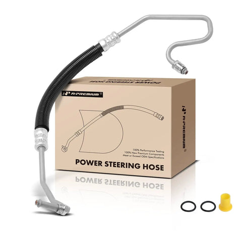 Front view of Power Steering Pressure Hose Line Assembly For Chevrolet Silverado 2500 3500 Suburban And GMC C2500 Cadillac Fits 4.3L 5.0L 5.7L Engines, Pump To Rack, With O Ring, Plug And Play Fit next to box and O-rings