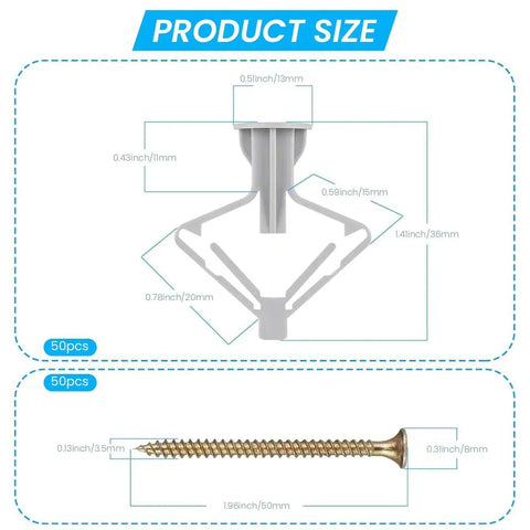 Heavy Duty Drywall Anchor Kit With Plastic Hollow Wall Anchors And Screws For Easy Safe Mounts In Drywall Ideal For Hanging Shelves Picture Frames TV Brackets And Light Fixtures, 50pcs size chart