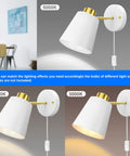 Rotatable Plug In Wall Sconces With Adjustable Angle White Matte Shade Metal Vintage Industrial Dope Vibe Wall Mounted Reading Lights For Bedroom Bedside Hallway Office 2 Pack with variable lighting temperatures.