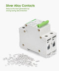 Side view of 12V-110V DC Miniature Circuit Breaker, 15 Amp 2-Pole Battery Protector, green switch, silver alloy contacts