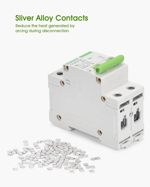 Side view of 12V-110V DC Miniature Circuit Breaker, 15 Amp 2-Pole Battery Protector, green switch, silver alloy contacts