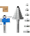 Heavy Duty One Quarter Inch Shank Rabbet Router Bit Set Featuring Six Swappable Brass Bearings For Tough As Nails Woodworking Projects And Smooth Sailing Cuts That Guarantee Pro Results shown with various sizes and a blue cutter.