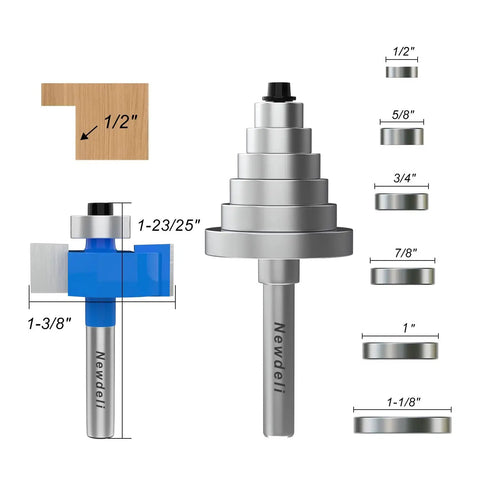 Heavy Duty One Quarter Inch Shank Rabbet Router Bit Set Featuring Six Swappable Brass Bearings For Tough As Nails Woodworking Projects And Smooth Sailing Cuts That Guarantee Pro Results shown with various sizes and a blue cutter.