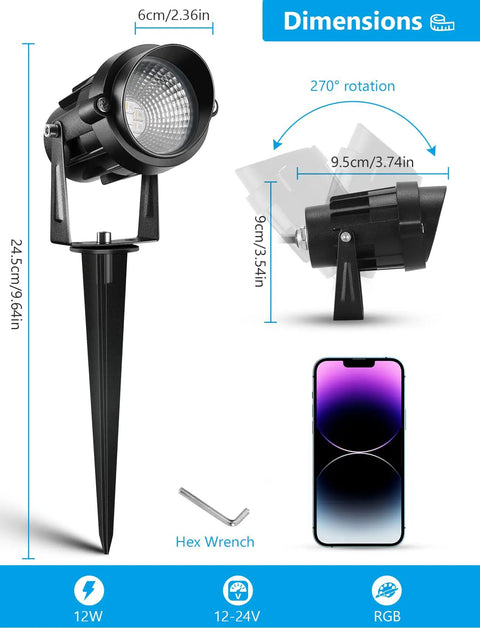 Dimensions of 12W RGBW Color Changing Landscape Lights Low Voltage LED Pathway Spotlights Outdoor Waterproof Garden Lighting Kit 4 Pack With Remote Control and Connectors shown with hex wrench and smartphone for scale.