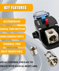 Bulletproof 300A Manual Reset Circuit Breaker With Weatherproof Zinc Case for Car Truck Suv And Marine Audio Rigs showing key features and design.