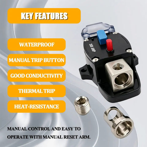 Bulletproof 300A Manual Reset Circuit Breaker With Weatherproof Zinc Case for Car Truck Suv And Marine Audio Rigs showing key features and design.
