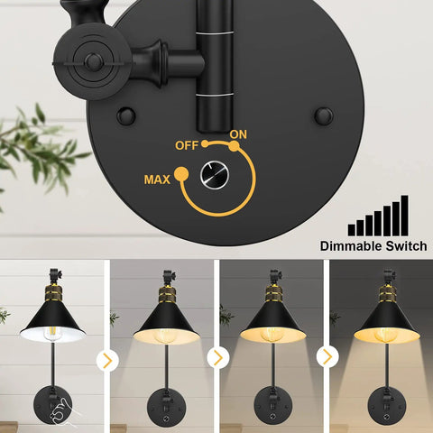 Plug In Wall Sconces Set Of 2 With Dimmable Rotary Switch showing dimming levels and switch close-up