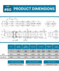 Diagram showing dimensions for Stainless Steel Roller Chain No 60 For Industrial Machinery, 10 ft, 3/4 inch pitch, 159 links, ANSI grade